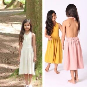 Story Kids Clothing Iris Linen Cotton Halter Open Back Dress, size 3/4